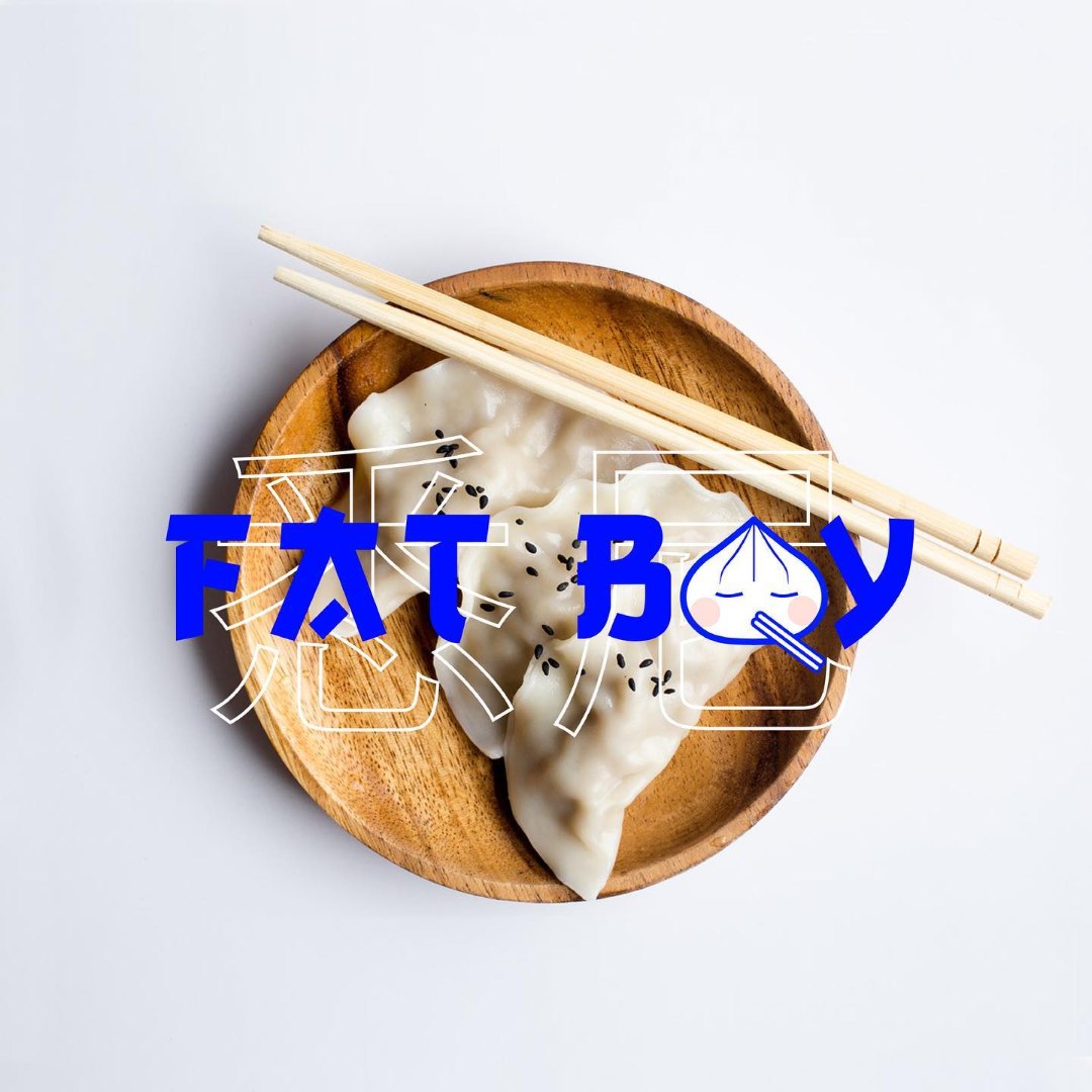 Fat Boy wordmark over dumplings