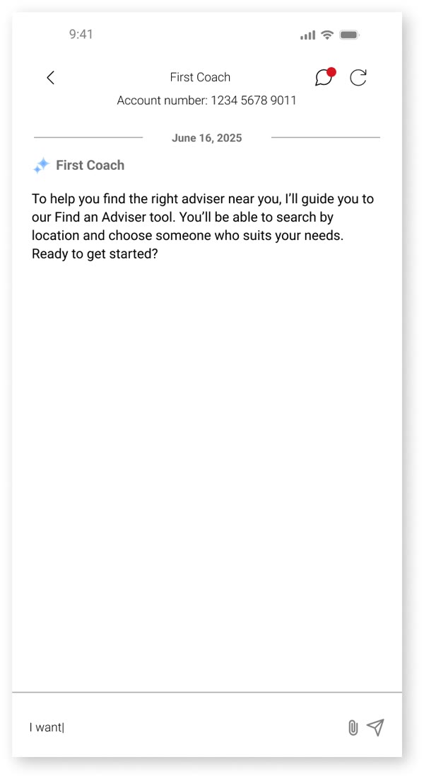 Day 1: the coach links to the existing Find an Adviser tool