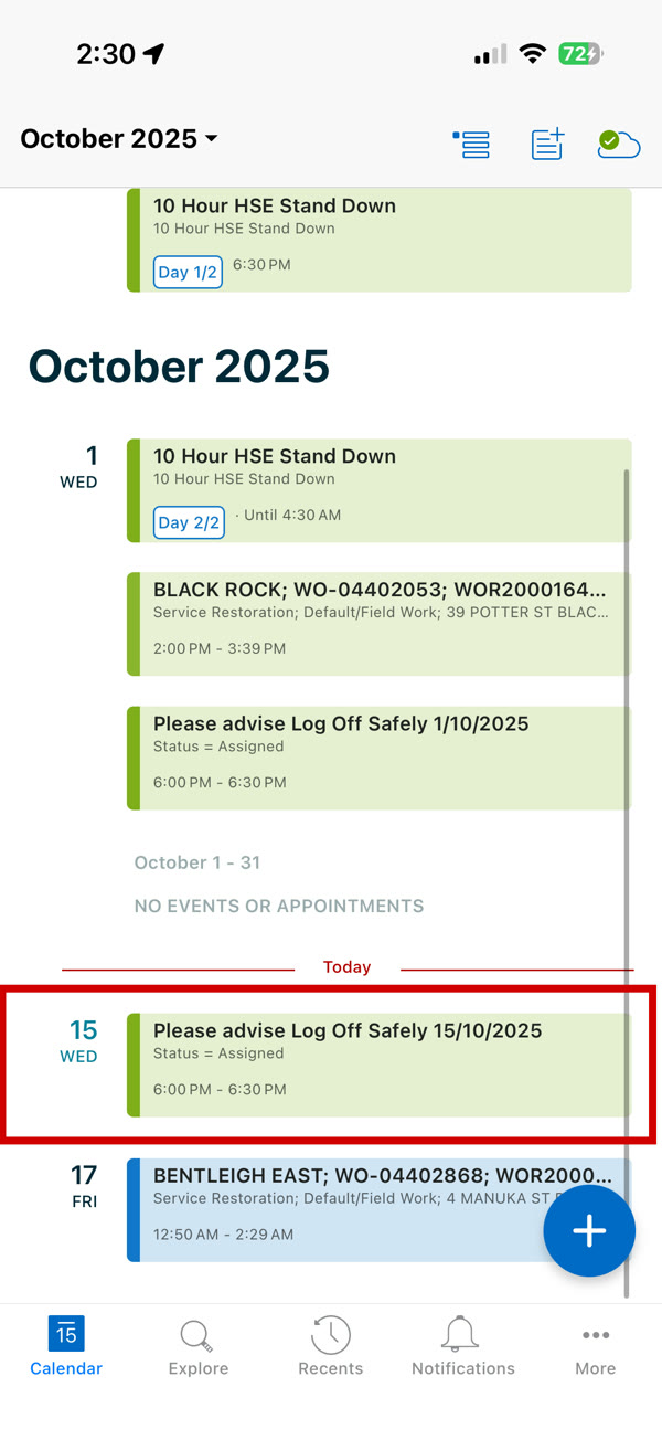 SMAX Go calendar with a Log Off Safely event highlighted