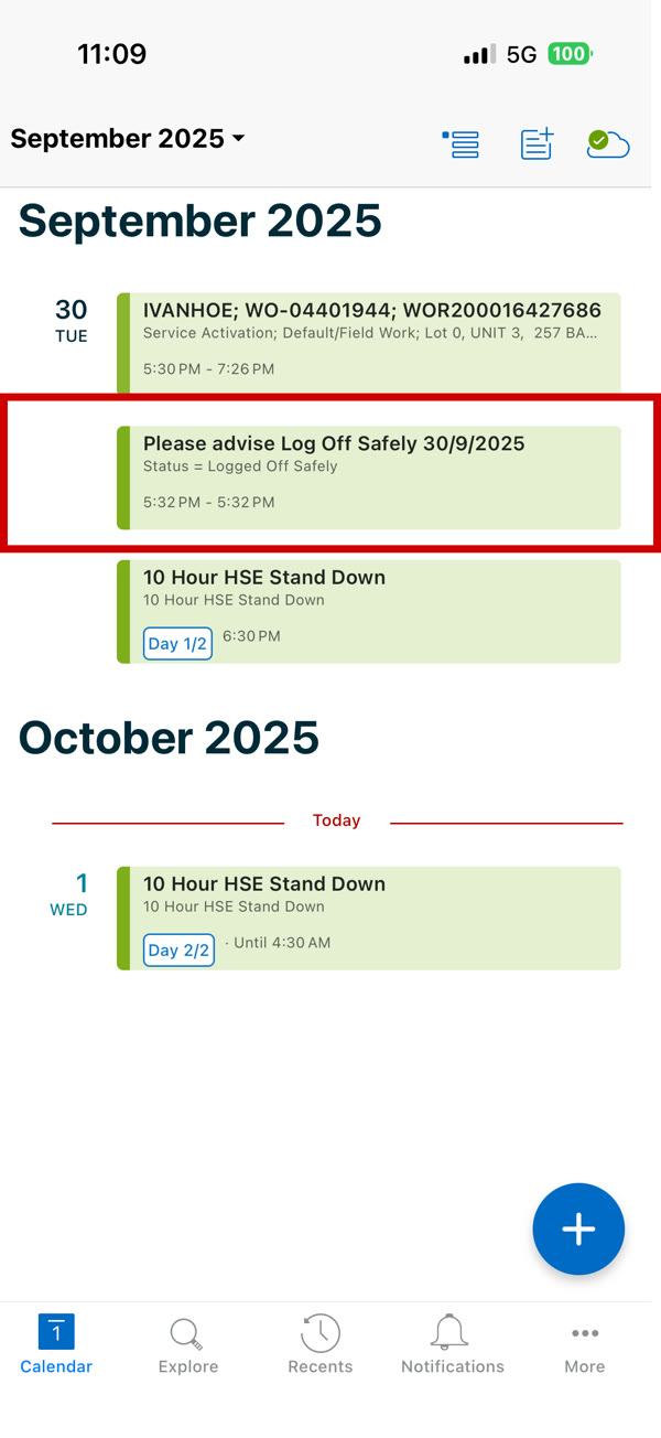 SMAX Go calendar showing a Log Off Safely event from September
