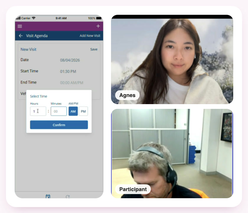 Remote test: a participant adds a visit in the prototype while Agnes watches