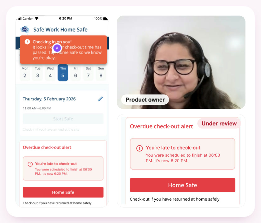 Design review of the overdue alert with the product owner, smiling on a video call