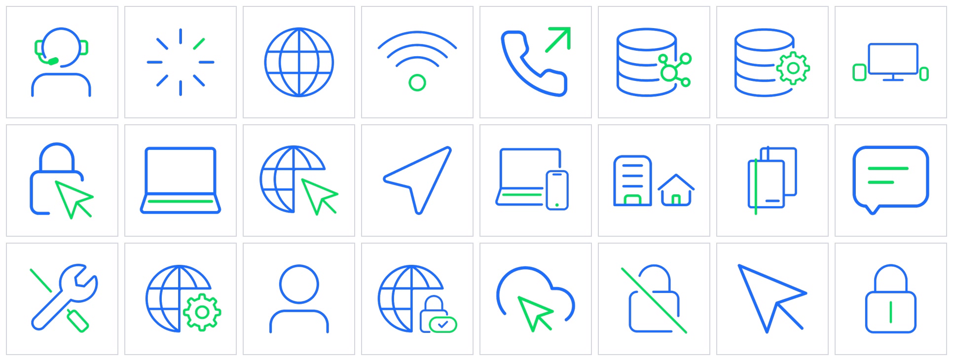 Twenty-four blue and green line icons on white, including support, network, devices, access and security