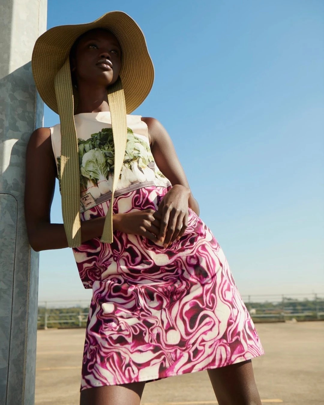 Stir Fry shift dress with bok choy and red cabbage prints