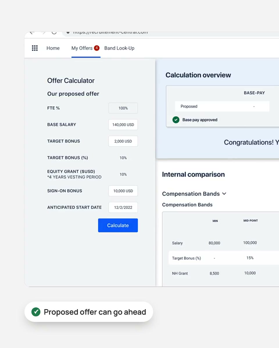 Recruitment Central offer calculator with an approval message